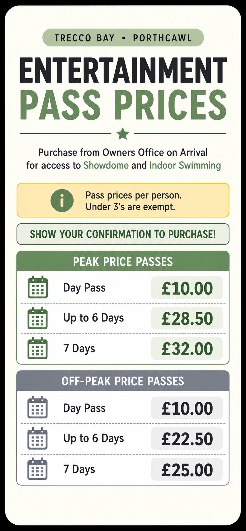 Trecco Bay entertainment pass prices